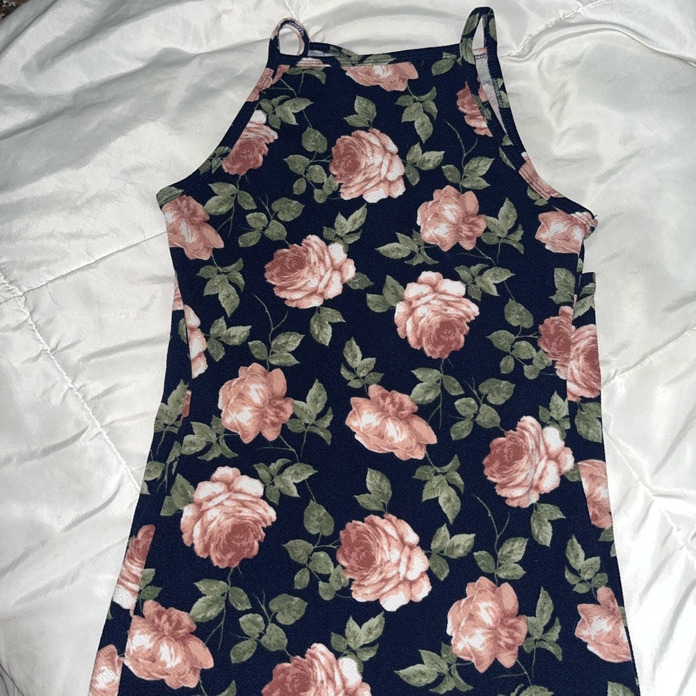 Midi tight navy blue dress with dusty roses print